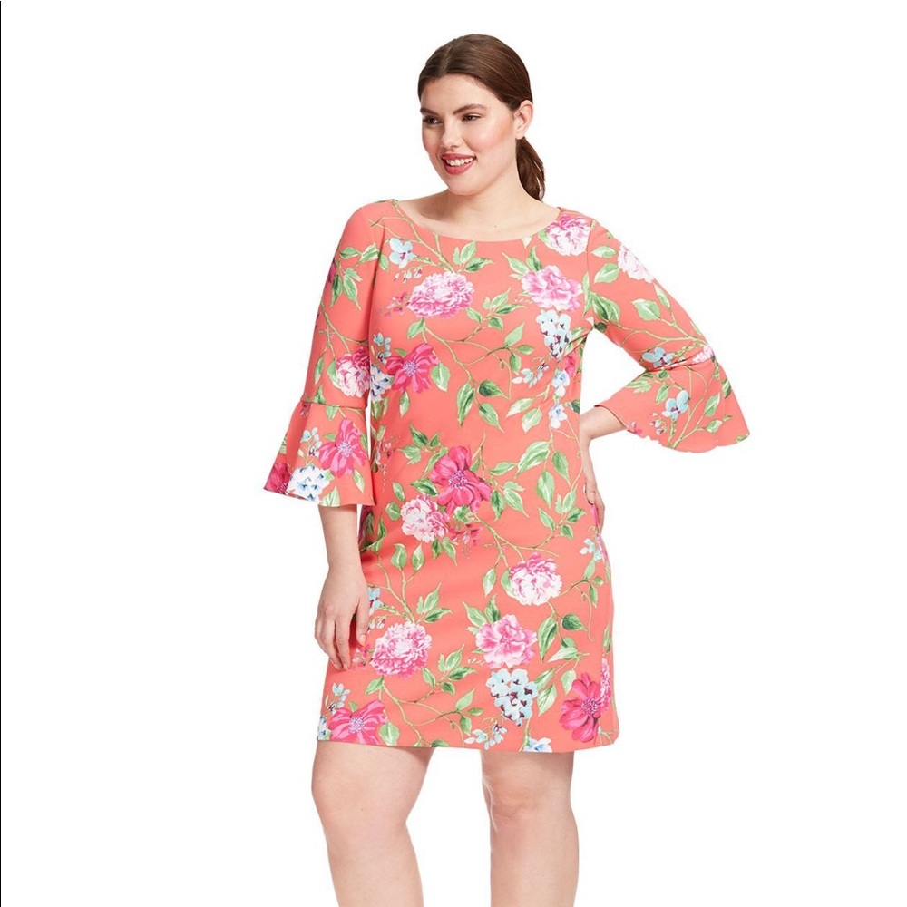 Bell Sleeve Plus-Size Floral Print Shift Dress